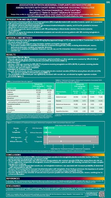 ASSOCIATION BETWEEN ABDOMINAL COMPLAINTS AND NARCOTIC USE AMONG PATIENTS WITH SHORT BOWEL SYNDROME RECEIVING TEDUGLUTIDE Ken Fujioka, 1 Khursheed Jeejeebhoy,