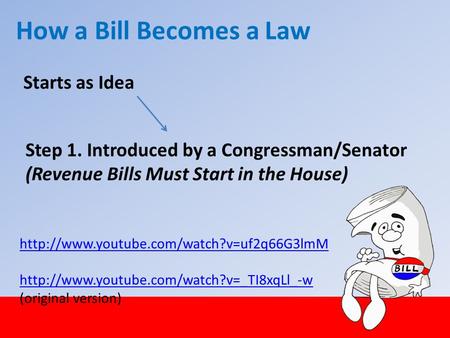 Starts as Idea How a Bill Becomes a Law Step 1. Introduced by a Congressman/Senator (Revenue Bills Must Start in the House)