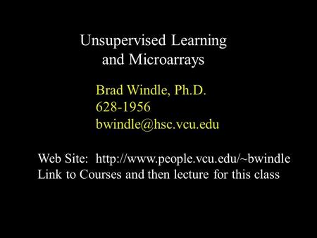 Brad Windle, Ph.D. 628-1956 Unsupervised Learning and Microarrays Web Site:  Link to Courses and.