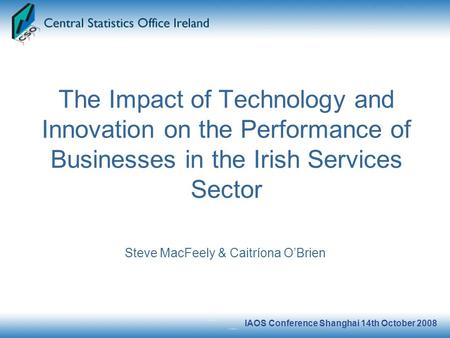 IAOS Conference Shanghai 14th October 2008 The Impact of Technology and Innovation on the Performance of Businesses in the Irish Services Sector Steve.