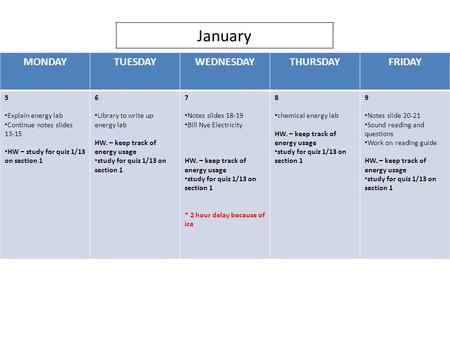 Nb January MONDAYTUESDAYWEDNESDAYTHURSDAYFRIDAY 5 Explain energy lab Continue notes slides 13-15 HW – study for quiz 1/13 on section 1 6 Library to write.