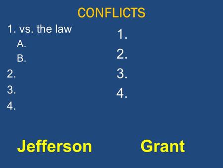 CONFLICTS JeffersonGrant 1. vs. the law A. B. 2. 3. 4. 1. 2. 3. 4.