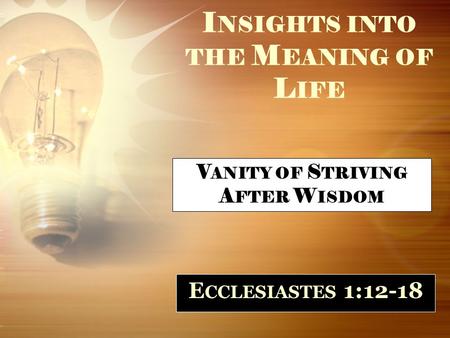 I NSIGHTS INTO THE M EANING OF L IFE E CCLESIASTES 1:12-18 V ANITY OF S TRIVING A FTER W ISDOM.