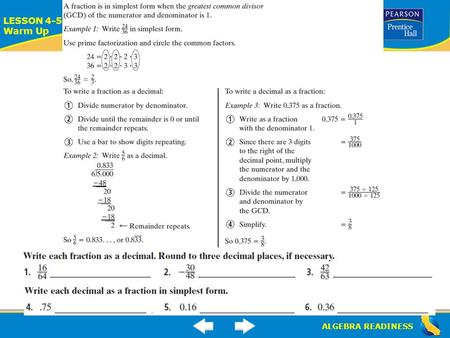 ALGEBRA READINESS LESSON 4-5 Warm Up. ALGEBRA READINESS LESSON 4-4 Warm Up.