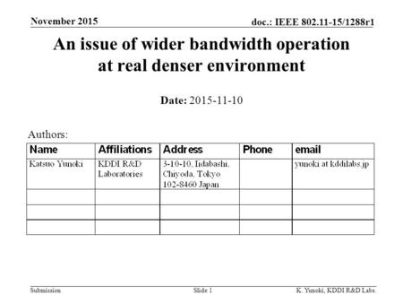 Submission doc.: IEEE 802.11-15/1288r1 November 2015 K. Yunoki, KDDI R&D Labs.Slide 1 An issue of wider bandwidth operation at real denser environment.