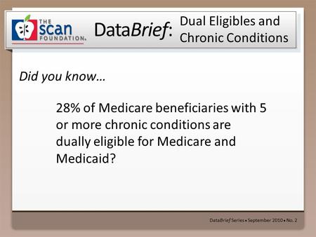 DataBrief: Did you know… DataBrief Series ● September 2010 ● No. 2 Dual Eligibles and Chronic Conditions 28% of Medicare beneficiaries with 5 or more chronic.