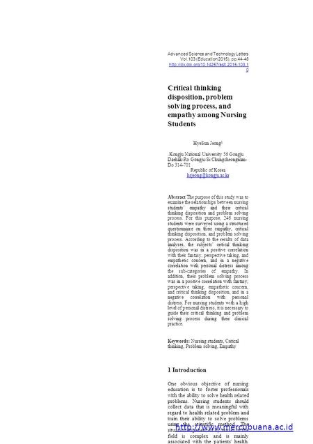 Advanced Science and Technology Letters Vol.103 (Education 2015), pp.44-48  0 Critical thinking disposition,