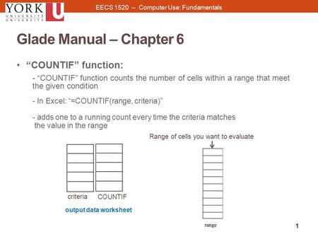 Glade Manual – Chapter 6 1 “COUNTIF” function: - “COUNTIF” function counts the number of cells within a range that meet the given condition - In Excel: