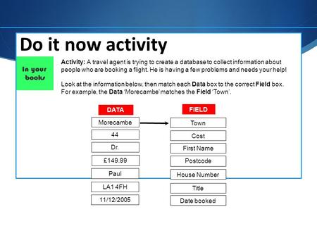 Do it now activity Activity: A travel agent is trying to create a database to collect information about people who are booking a flight. He is having a.