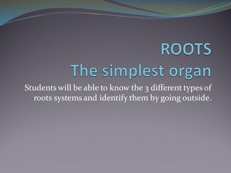 Students will be able to know the 3 different types of roots systems and identify them by going outside.