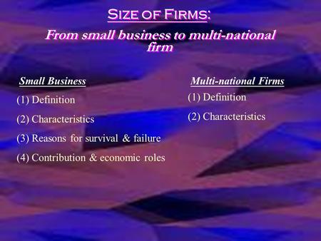 Size of Firms: From small business to multi-national firm Size of Firms: From small business to multi-national firm (1) Definition (2) Characteristics.