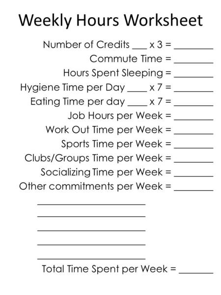 Weekly Hours Worksheet Number of Credits ___ x 3 = ________ Commute Time = ________ Hours Spent Sleeping = ________ Hygiene Time per Day ____ x 7 = ________.