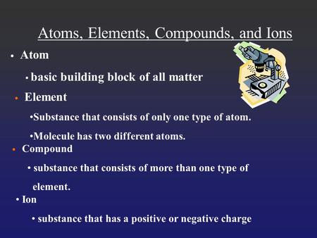 Atoms, Elements, Compounds, and Ions Atom basic building block of all matter Element Substance that consists of only one type of atom. Molecule has two.