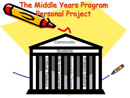 The Middle Years Program Personal Project Community Students Critical Thinkers Life-long Learners Responsible Citizens Problem Solvers.