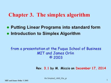 MIT and James Orlin © 2003 1 Chapter 3. The simplex algorithm Putting Linear Programs into standard form Introduction to Simplex Algorithm file Simplex2_AMII_05a_gr.