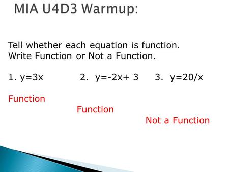 Tell whether each equation is function. Write Function or Not a Function. 1. y=3x 2. y=-2x+ 3 3. y=20/x Function Not a Function.