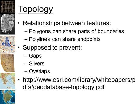 Topology Relationships between features: Supposed to prevent: