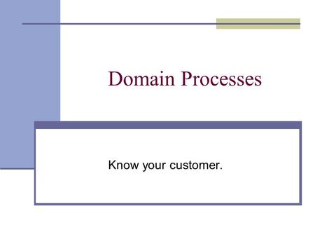 Domain Processes Know your customer.. Last Class - Life Cycles the process we will use to create the software product This Class - Domain Processes