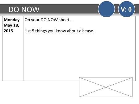 DO NOW V: 0 Monday May 18, 2015 On your DO NOW sheet… List 5 things you know about disease.