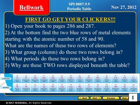 TALK 1 Bellwork SPI 0807.9.9 Periodic Table Nov 27, 2012 FIRST GO GET YOUR CLICKERS!!! 1) Open your book to pages 286 and 287. 2) At the bottom find the.