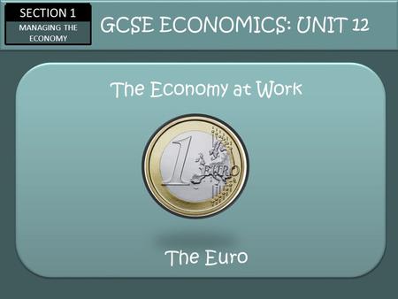 SECTION 1 MANAGING THE ECONOMY The Economy at Work GCSE ECONOMICS: UNIT 12 The Euro.