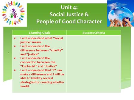 Unit 4: Social Justice & People of Good Character. Learning GoalsSuccess Criteria  I will understand what “social justice” means  I will understand the.