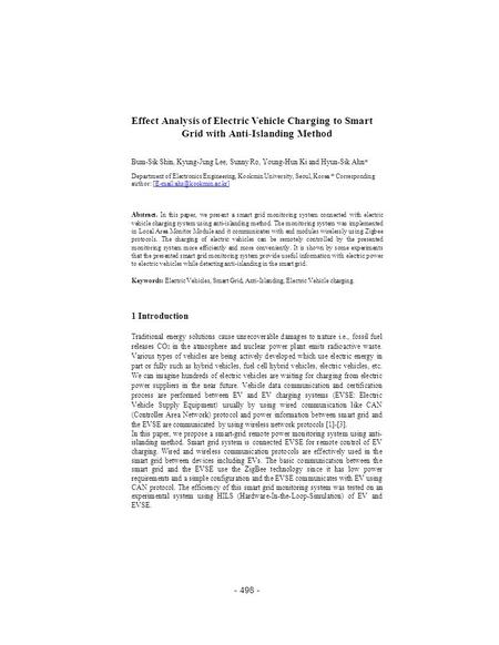 Effect Analysis of Electric Vehicle Charging to Smart Grid with Anti-Islanding Method Bum-Sik Shin, Kyung-Jung Lee, Sunny Ro, Young-Hun Ki and Hyun-Sik.