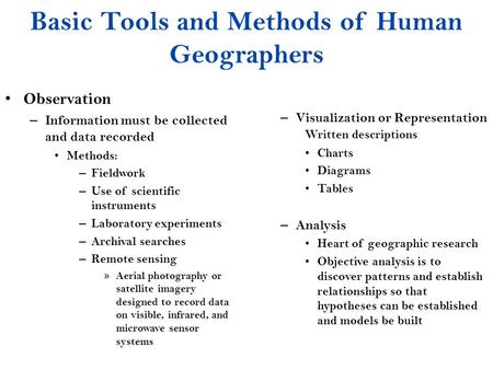 Basic Tools and Methods of Human Geographers Observation – Information must be collected and data recorded Methods: – Fieldwork – Use of scientific instruments.