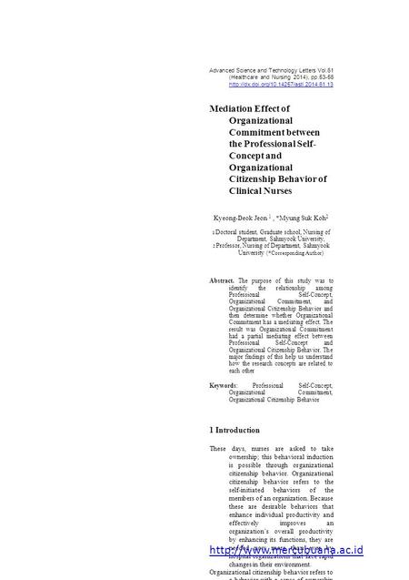 Advanced Science and Technology Letters Vol.61 (Healthcare and Nursing 2014), pp.53-56  Mediation Effect of Organizational.