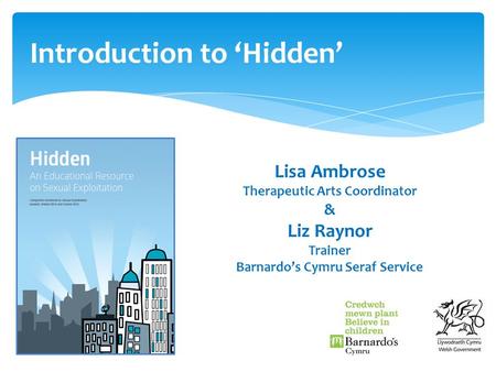 Introduction to ‘Hidden’ Lisa Ambrose Therapeutic Arts Coordinator & Liz Raynor Trainer Barnardo’s Cymru Seraf Service.