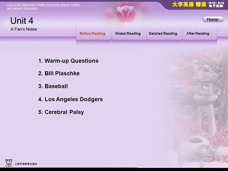 1. Warm-up Questions 2. Bill Plaschke 3. Baseball 4. Los Angeles Dodgers - Before ReadingGlobal ReadingDetailed ReadingAfter Reading 5. Cerebral Palsy.