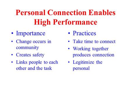 Personal Connection Enables High Performance Importance Change occurs in community Creates safety Links people to each other and the task Practices Take.