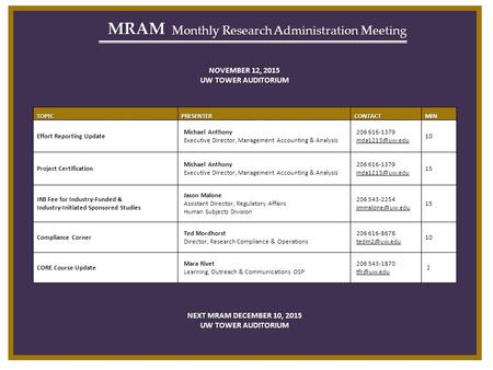 MRAM Monthly Research Administration Meeting NOVEMBER 12, 2015 UW TOWER AUDITORIUM NEXT MRAM DECEMBER 10, 2015 UW TOWER AUDITORIUM TOPICPRESENTERCONTACTMIN.