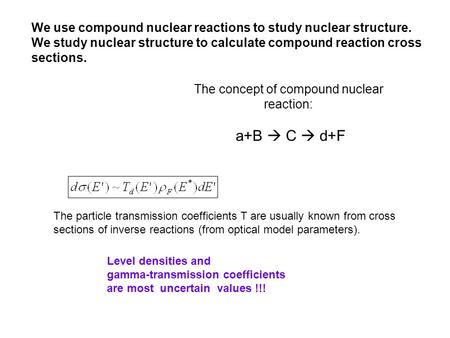 The concept of compound nuclear reaction: a+B  C  d+F The particle transmission coefficients T are usually known from cross sections of inverse reactions.