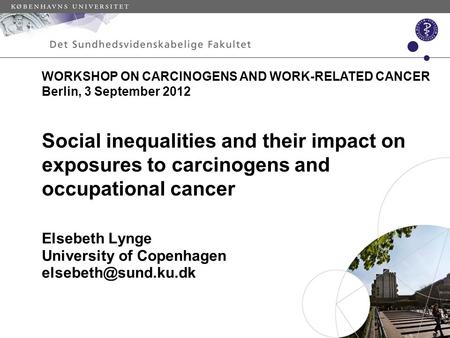 Social inequalities and their impact on exposures to carcinogens and occupational cancer Elsebeth Lynge University of Copenhagen WORKSHOP.