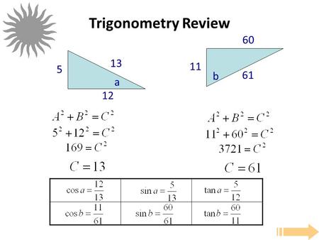 Trigonometry Review 5 12 a 13 11 60 b 61. Trigonometry Review 41 40 c 9 25 24 d 7.