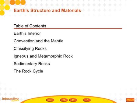 Table of Contents Earth’s Interior Convection and the Mantle Classifying Rocks Igneous and Metamorphic Rock Sedimentary Rocks The Rock Cycle Earth’s Structure.