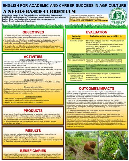 ENGLISH FOR ACADEMIC AND CAREER SUCCESS IN AGRICULTURE: A NEEDS-BASED CURRICULUM Educational Needs Area: Curricula Design and Materials Development CSREES.