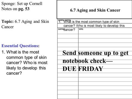 Sponge: Set up Cornell Notes on pg. 53 Topic: 6.7 Aging and Skin Cancer Essential Questions: 1.What is the most common type of skin cancer? Who is most.