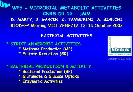 WP5 - MICROBIAL METABOLIC ACTIVITIES CNRS DR 12 - LMM BACTERIAL ACTIVITIES * STRICT ANAEROBIC ACTIVITIES * Methane Production (MP) * Sulfate Reduction.