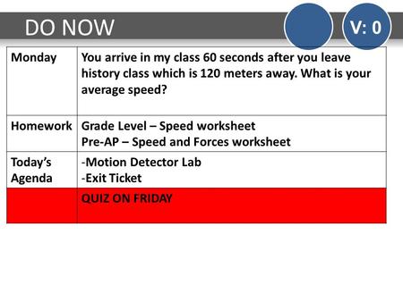 DO NOW V: 0 MondayYou arrive in my class 60 seconds after you leave history class which is 120 meters away. What is your average speed? HomeworkGrade Level.