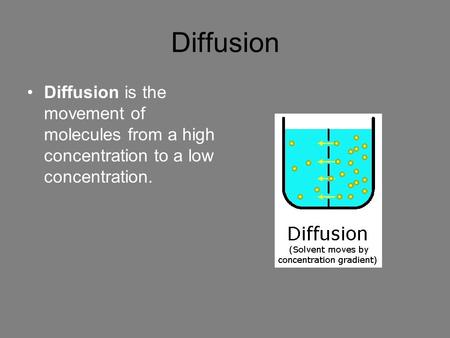 Diffusion Diffusion is the movement of molecules from a high concentration to a low concentration.