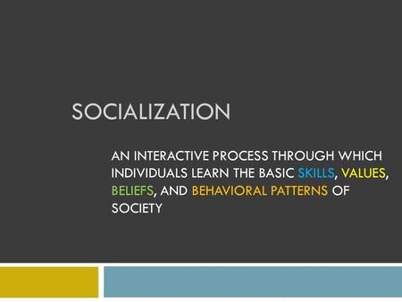 SOCIALIZATION AN INTERACTIVE PROCESS THROUGH WHICH INDIVIDUALS LEARN THE BASIC SKILLS, VALUES, BELIEFS, AND BEHAVIORAL PATTERNS OF SOCIETY.