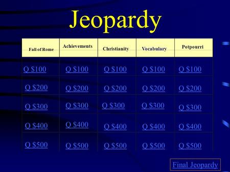 Jeopardy Fall of Rome Q $100 Q $200 Q $300 Q $400 Q $500 Q $100 Q $200 Q $300 Q $400 Q $500 Final Jeopardy Achievements ChristianityVocabulary Potpourri.