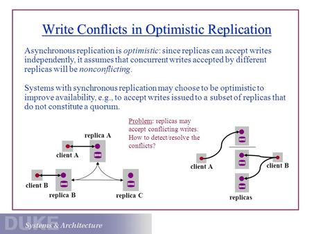 Write Conflicts in Optimistic Replication Problem: replicas may accept conflicting writes. How to detect/resolve the conflicts? client B client A replica.