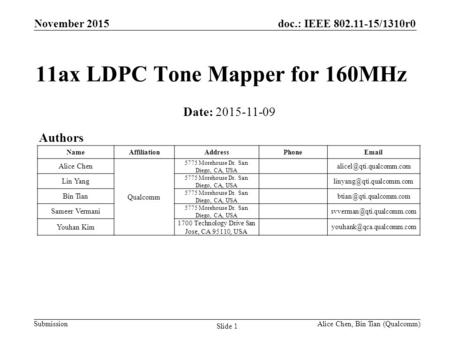 Doc.: IEEE 802.11-15/1310r0 Submission Slide 1 Alice Chen, Bin Tian (Qualcomm) NameAffiliationAddressPhoneEmail Alice Chen Qualcomm 5775 Morehouse Dr.