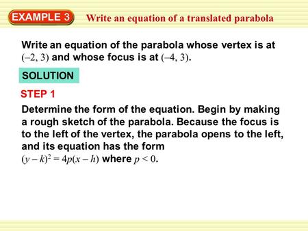 EXAMPLE 3 Write an equation of a translated parabola Write an equation of the parabola whose vertex is at (–2, 3) and whose focus is at (–4, 3). SOLUTION.