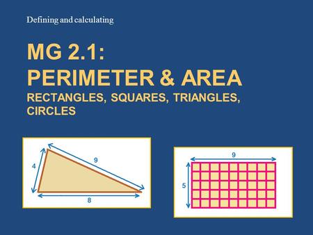 MG 2.1: PERIMETER & AREA RECTANGLES, SQUARES, TRIANGLES, CIRCLES Defining and calculating.