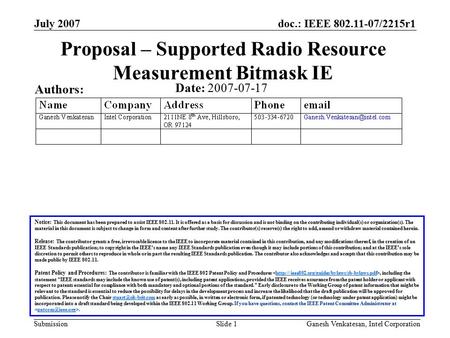 Doc.: IEEE 802.11-07/2215r1 Submission July 2007 Ganesh Venkatesan, Intel CorporationSlide 1 Proposal – Supported Radio Resource Measurement Bitmask IE.