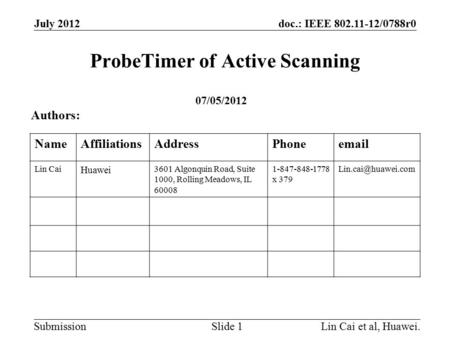 Doc.: IEEE 802.11-12/0788r0 Submission ProbeTimer of Active Scanning July 2012 Lin Cai et al, Huawei.Slide 1 Authors: NameAffiliationsAddressPhoneemail.